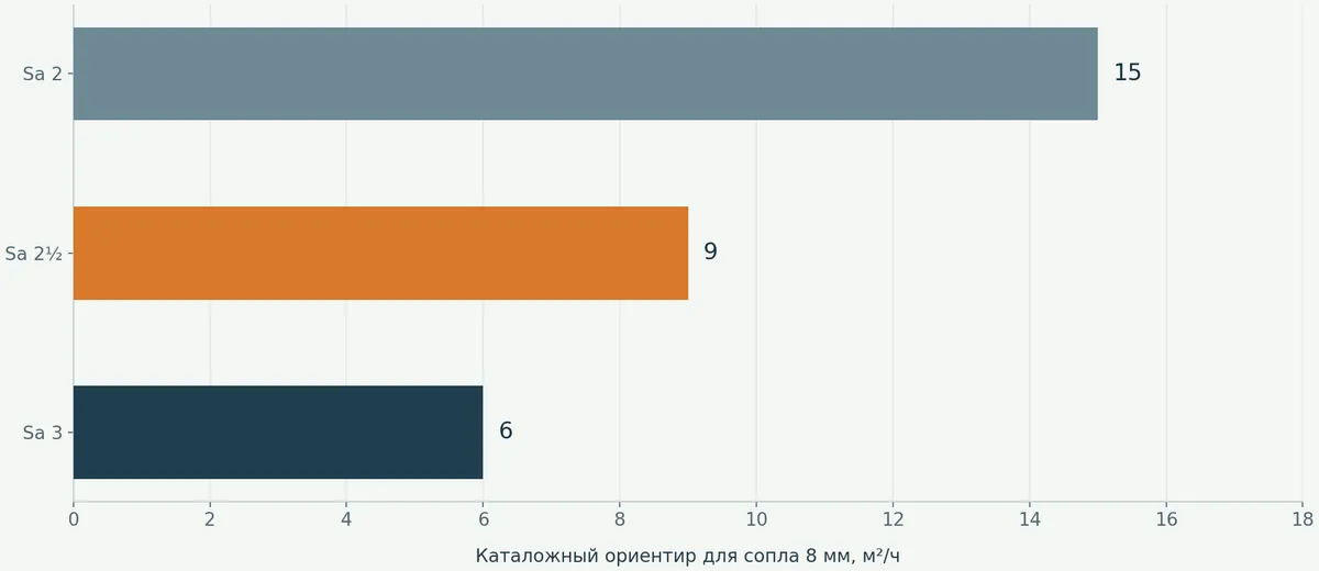 Для сопла 8 мм каталожная выработка Contracor различается по требуемой степени очистки стали: Sa 2 — 15, Sa 2½ — 9, Sa 3 — 6 м²/ч